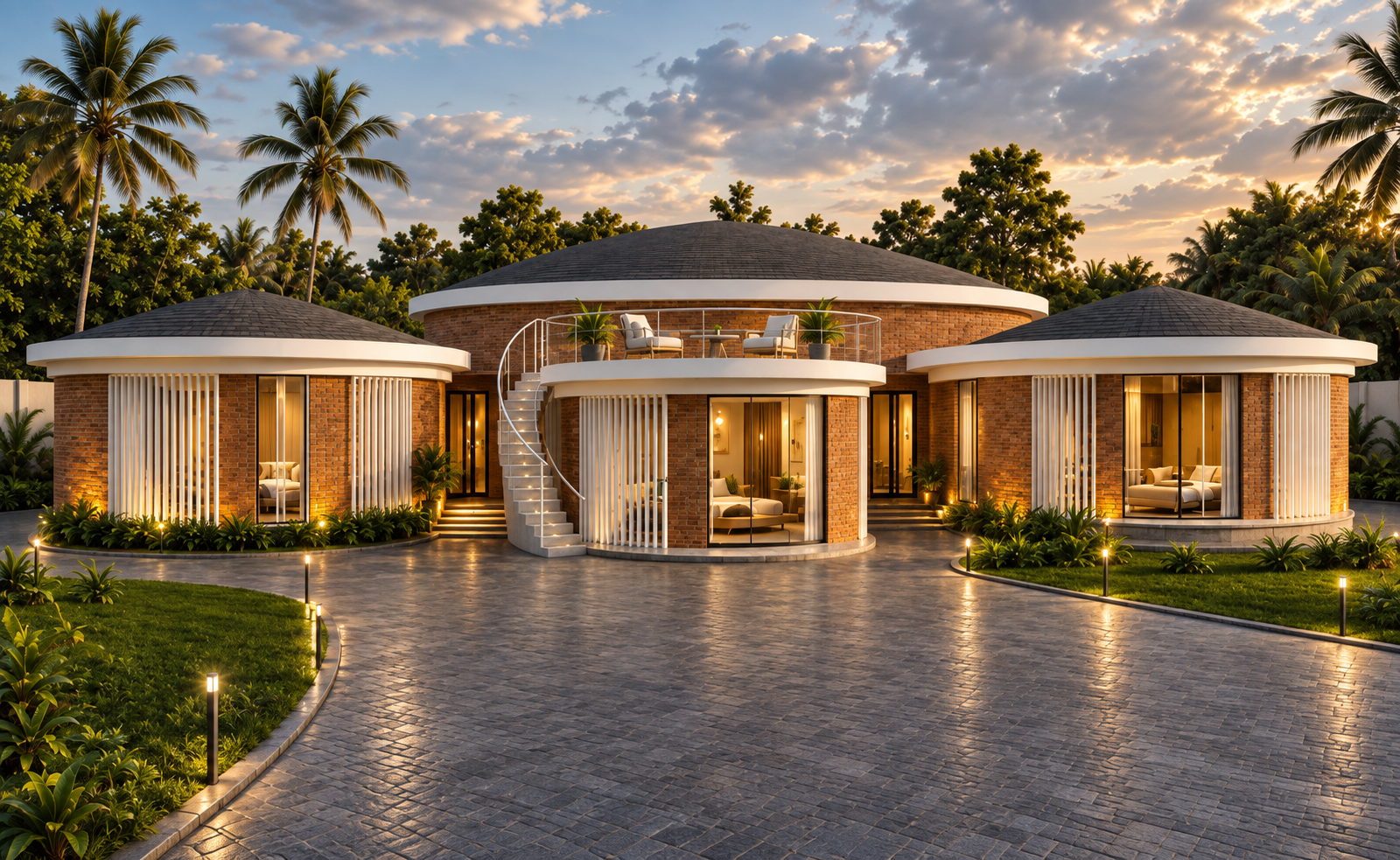 Shakir custom home concept: curved brick-built living spaces with hipped roofs and a central terrace
