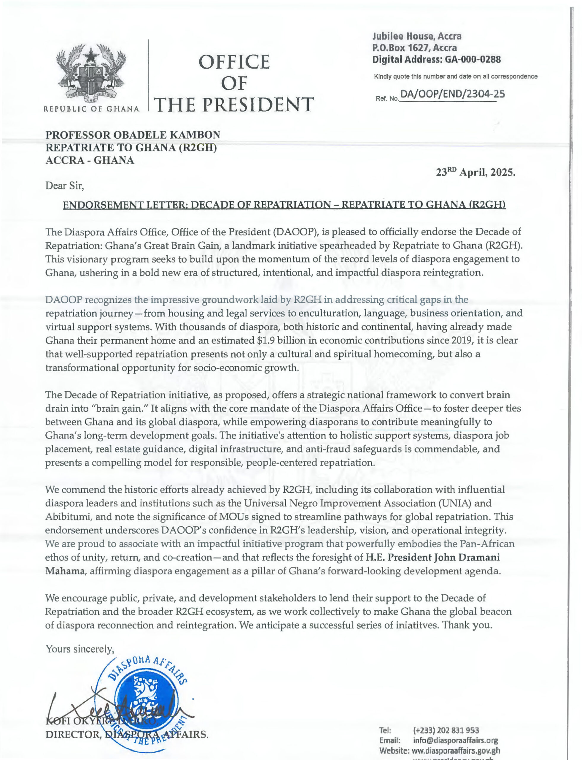 Read more about the article Official Presidential Endorsement: Repatriate to Ghana (R2GH) Receives Backing from the Diaspora Affairs Office, Office of the President!