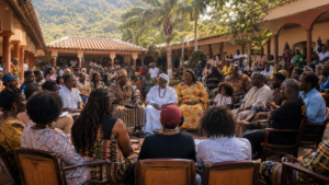 Black families, scholars, elders, and organizers gathered in a Ghanaian courtyard for purposeful dialogue