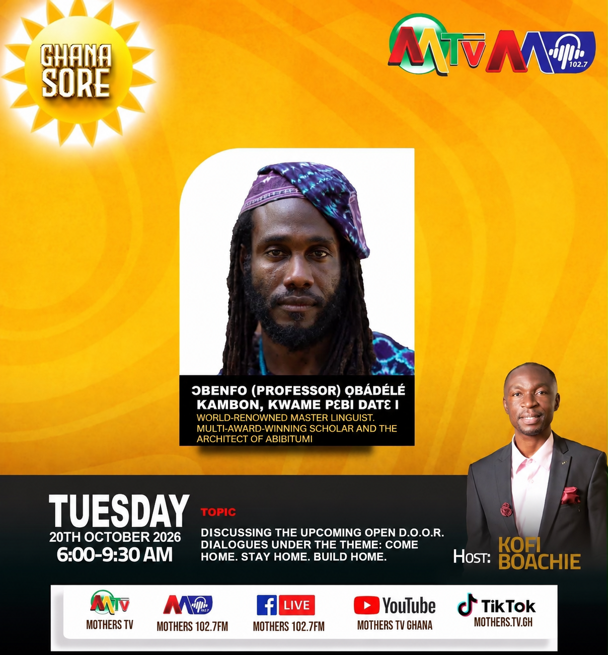 Read more about the article Tune in: Ɔbenfo Ọbádélé Kambon on Ghana Sore — Tuesday, 20 October